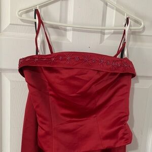 Elegant Red Strapless Dress with Beaded Detail